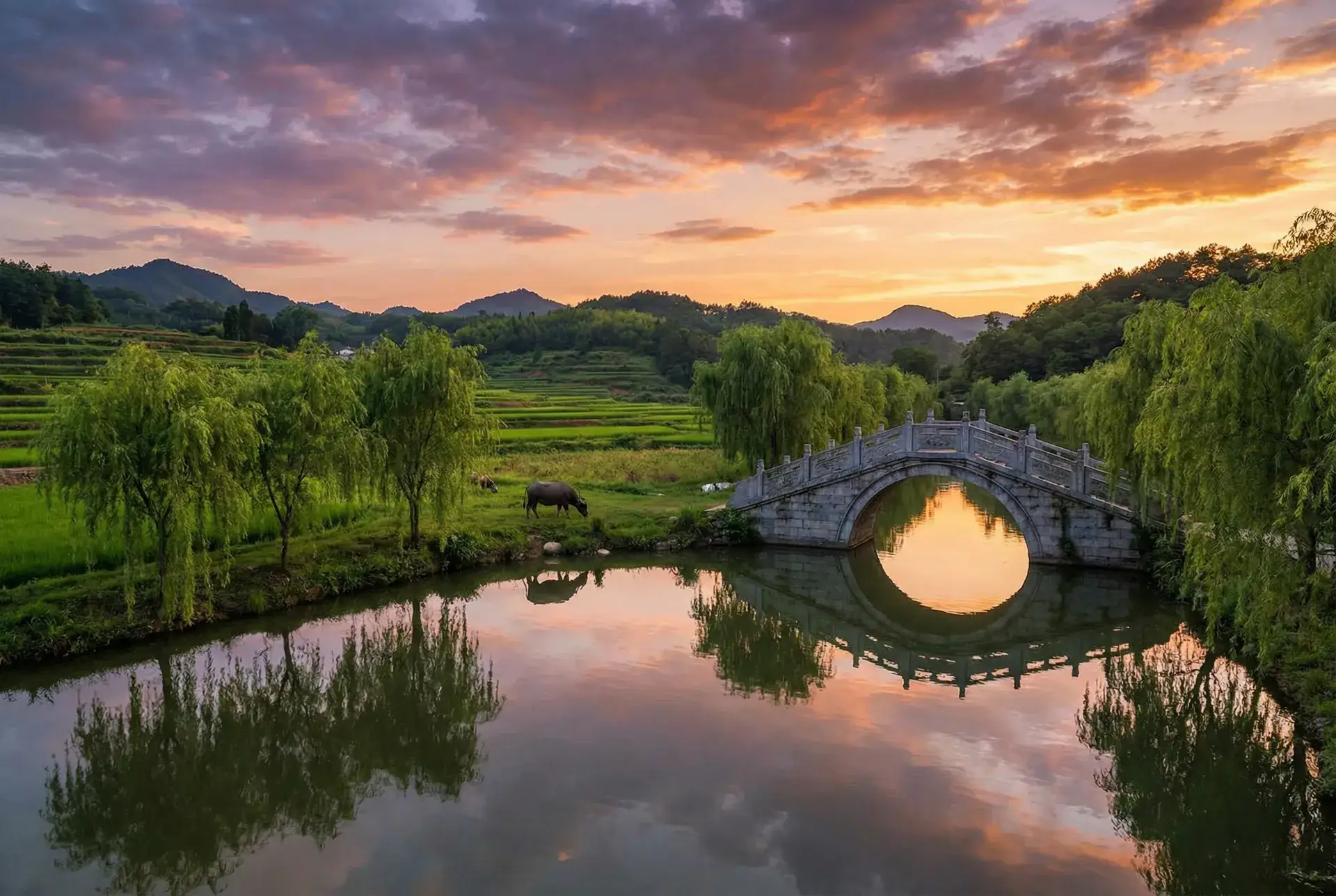 夕阳下的石拱桥与垂柳，水牛在河边吃草 - bt无极 乡村美景